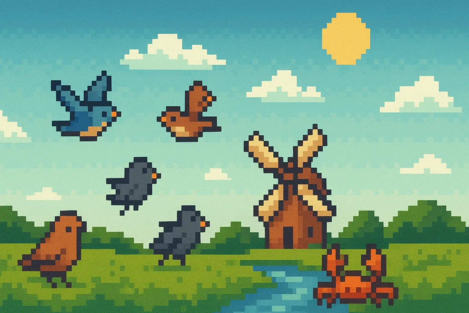 Birds with the crab and a mill in the background.